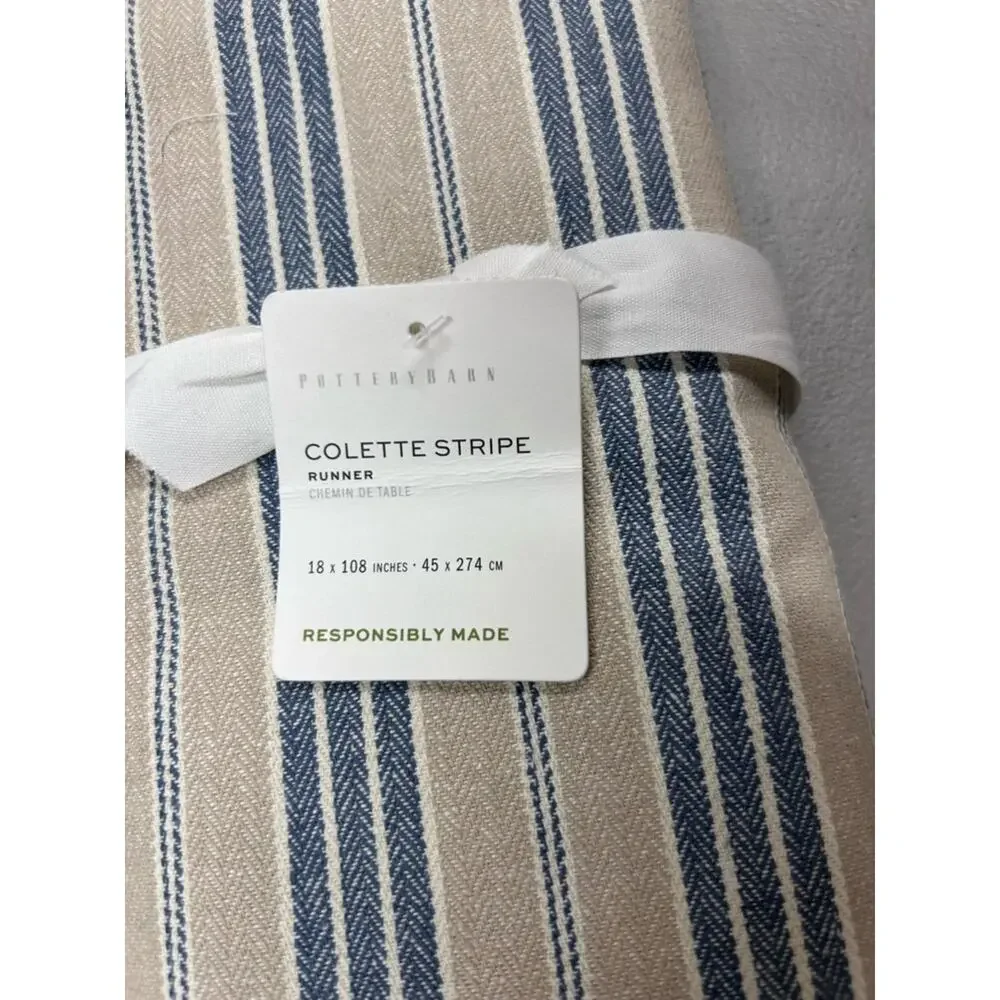 Pottery Barn Colette Stripe Blue Tan Cotton / Linen Table Runner Dining Room NWT